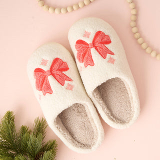 Fuzzy Holiday Slippers- Bow