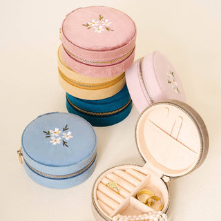 Round Velvet Jewelry Case-Floral Tan