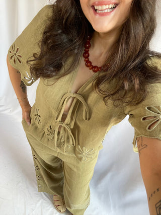Gigi Embroidered Tie Top, Green Fig - The Red Thread Boutique