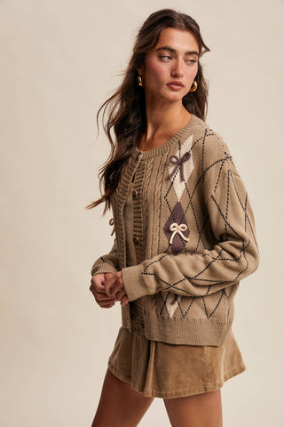 Argyle Bow Detail Knit Cardigan *final sale