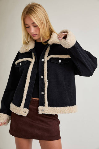 Fur Contrast Jacket, Black Denim