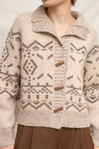 Mock Neck Fair Isle Printed Sweater Cardigan