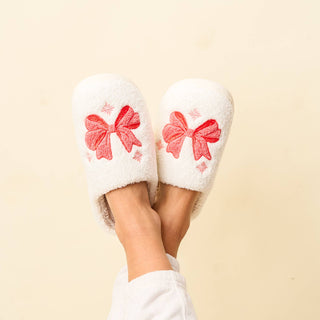 Fuzzy Holiday Slippers- Bow