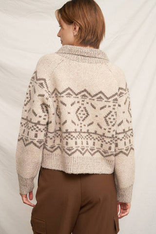 Mock Neck Fair Isle Printed Sweater Cardigan