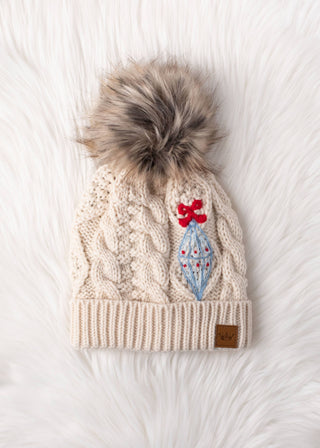 Beige Cable Knit Pom Hat w/ Embroidered Ornament