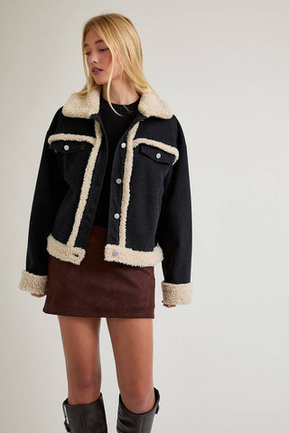Fur Contrast Jacket, Black Denim