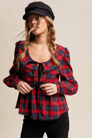 Plaid Velvet Trim Holiday Blouse, Red *final sale