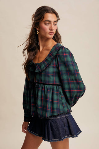 Plaid Velvet Trim Holiday Blouse