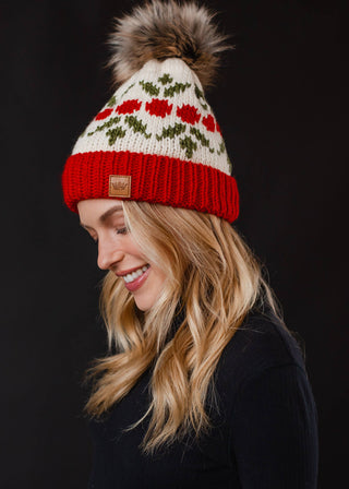 Ivory & Red Cherry Patterned Pom Hat