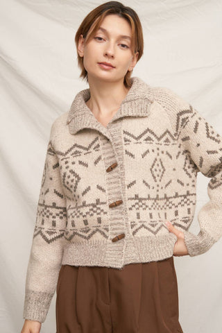 Mock Neck Fair Isle Printed Sweater Cardigan