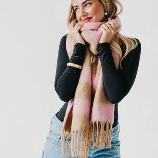 Stevie Striped Tassel Scarf: Tan/Pink