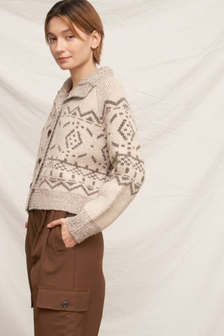 Mock Neck Fair Isle Printed Sweater Cardigan