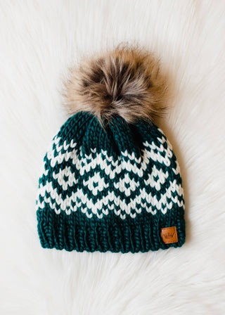 Dark Teal & White Patterned Pom Hat *final sale