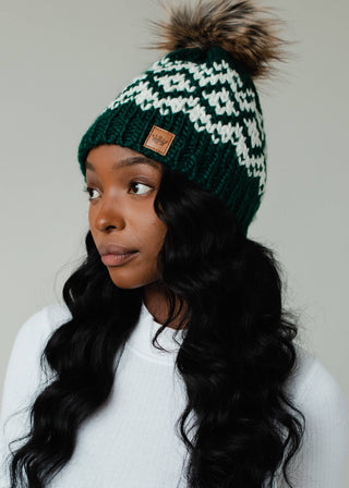 Dark Teal & White Patterned Pom Hat *final sale