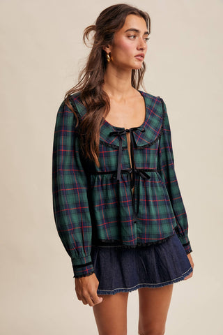 Plaid Velvet Trim Holiday Blouse