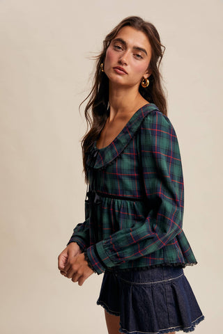 Plaid Velvet Trim Holiday Blouse