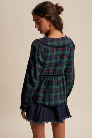 Plaid Velvet Trim Holiday Blouse