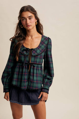 Plaid Velvet Trim Holiday Blouse