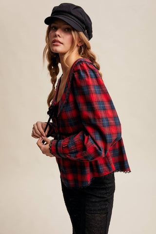 Plaid Velvet Trim Holiday Blouse, Red *final sale