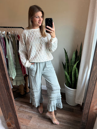 Vayda Ruffle Trim Pants, Dusty Blue