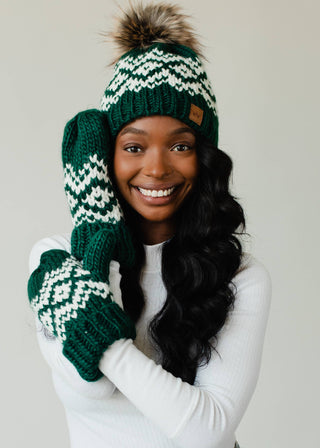 Dark Teal & White Patterned Pom Hat *final sale