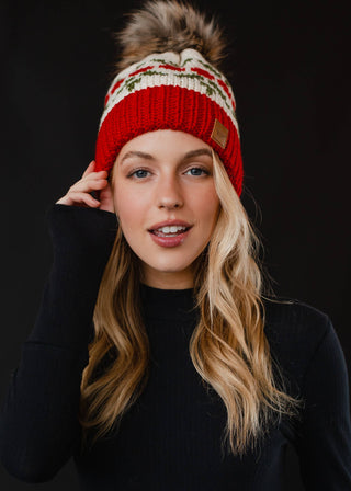 Ivory & Red Cherry Patterned Pom Hat