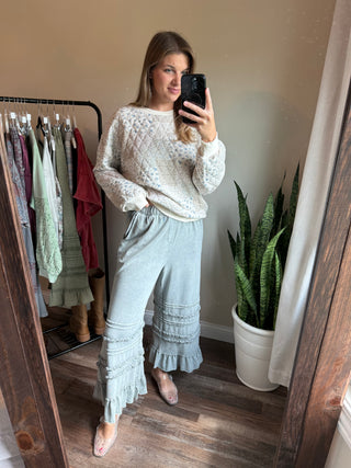 Vayda Ruffle Trim Pants, Dusty Blue