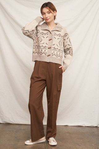 Mock Neck Fair Isle Printed Sweater Cardigan