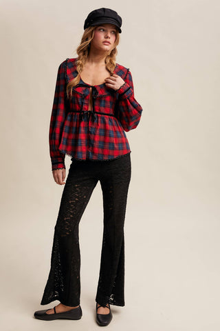 Plaid Velvet Trim Holiday Blouse, Red *final sale