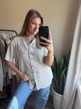 Cecily Button Down Boho Top, Mushroom