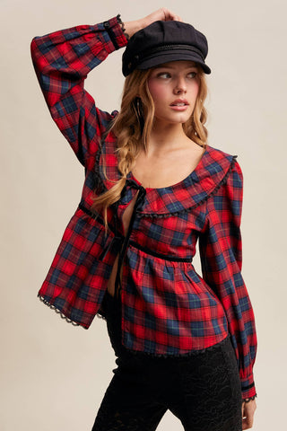 Plaid Velvet Trim Holiday Blouse, Red