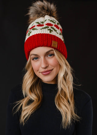 Ivory & Red Cherry Patterned Pom Hat