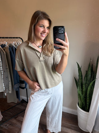 Freda Washed Split Neck Raw Edge Short Sleeve Knit Top, Mocha - The Red Thread Boutique