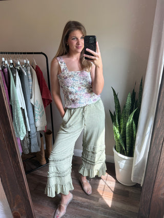 Vayda Ruffle Trim Pants, Light Olive