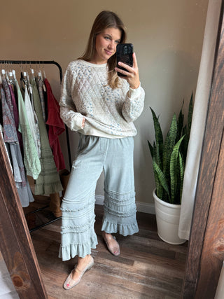 Vayda Ruffle Trim Pants, Dusty Blue