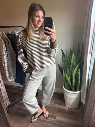 Ellie Stripe Contrast Trim Back Cut-Out Detail Knit Top, Mocha - The Red Thread Boutique