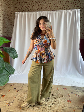 Gigi Embroidered Side Pants, Green Fig - The Red Thread Boutique