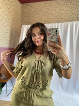 Gigi Embroidered Tie Top, Green Fig - The Red Thread Boutique