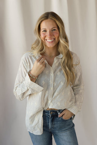 Lizzie Eyelet Stripe Button Up, Natural