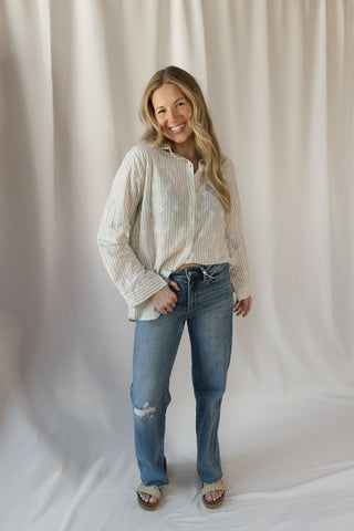 Lizzie Eyelet Stripe Button Up, Natural