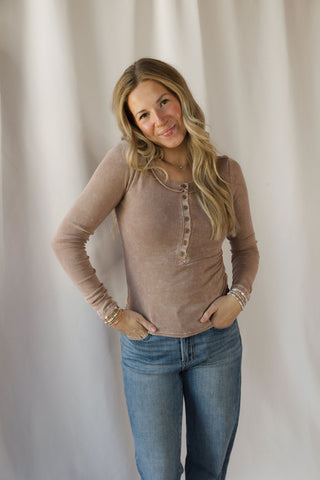 Jenny Ribbed Henley Knit Top, Cocoa