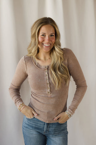 Jenny Ribbed Henley Knit Top, Cocoa