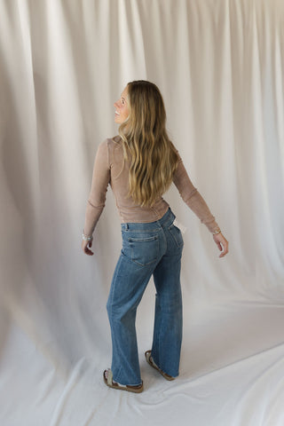 Jenny Ribbed Henley Knit Top, Cocoa