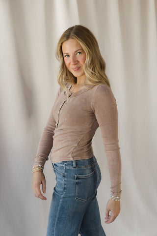Jenny Ribbed Henley Knit Top, Cocoa