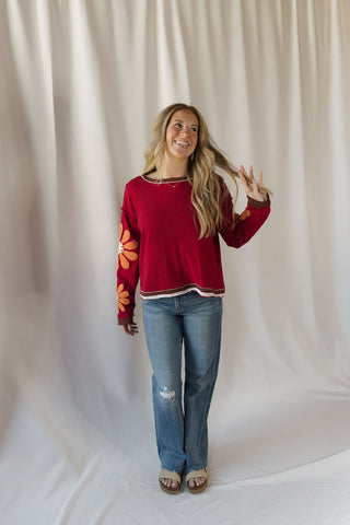 Floral Sleeve Top, Burgundy - The Red Thread Boutique