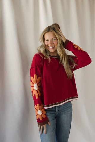 Floral Sleeve Top, Burgundy - The Red Thread Boutique