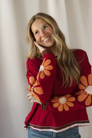 Floral Sleeve Top, Burgundy