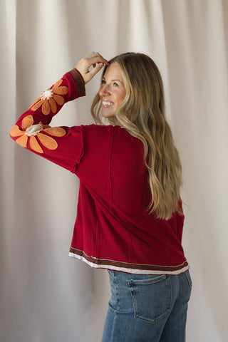 Floral Sleeve Top, Burgundy