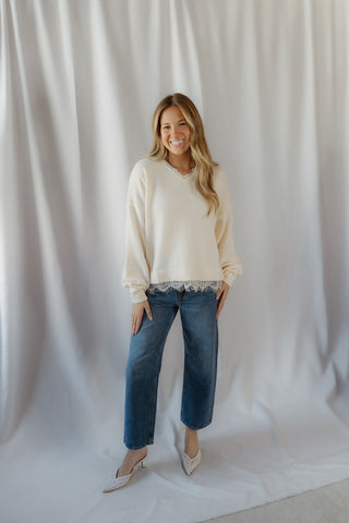 Julia Lace V Neck Sweater, Cream - The Red Thread Boutique