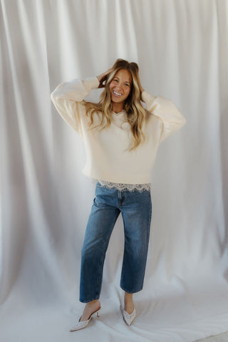 Julia Lace V Neck Sweater, Cream - The Red Thread Boutique